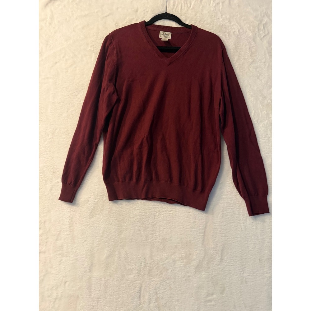 LL Bean V-Neck Sweater Mens Medium Burgundy Cotton Cashmere Knit Pullover Maroon